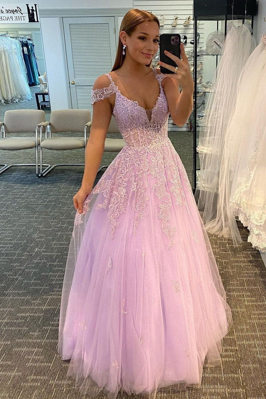 Sparkly Tulle A-Line Prom Dresses with Lace Appliques, Lilac Formal Dress