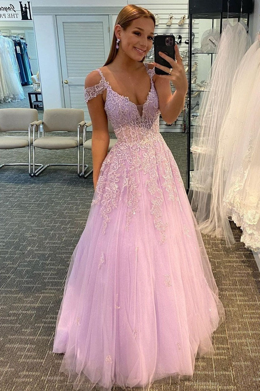 Sparkly Tulle A-Line Prom Dresses with Lace Appliques, Lilac Formal Dress