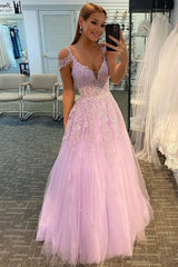 Sparkly Tulle A-Line Prom Dresses with Lace Appliques, Lilac Formal Dress