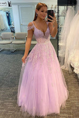 Sparkly Tulle A-Line Prom Dresses with Lace Appliques, Lilac Formal Dress