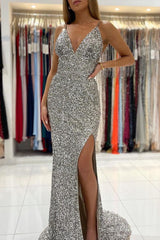 Silver V-Neck Spaghetti Strap Sparkly Mermaid Prom Dresses