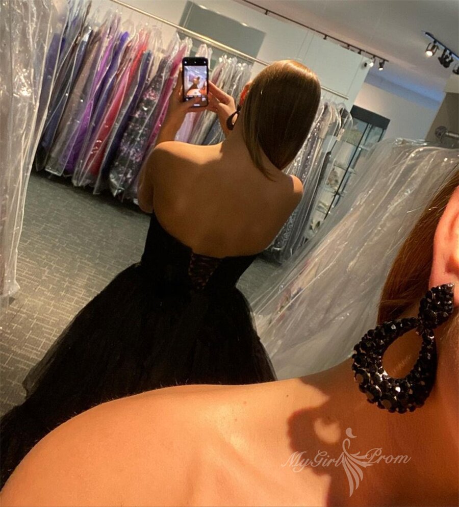 Black High Low Tulle Prom Dress Formal Evening Gown with Layered