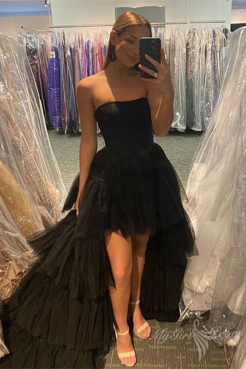 Black High Low Tulle Prom Dress Formal Evening Gown with Layered