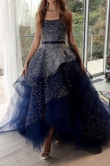 Strapless Navy Blue Starry Night Asymmetry Prom Dresses with Beading