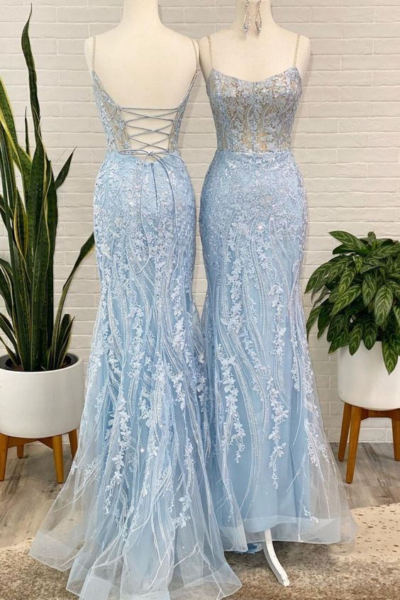Stylish Mermaid Lace Blue Prom Dresses, Spaghetti Straps Evening Gowns