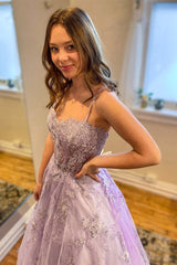 Light Purple Sweetheart Appliques Tulle Lace Long Prom Dresses