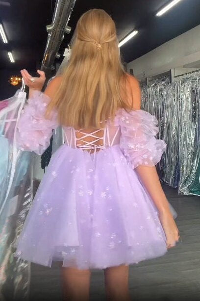 Sweetheart Puff Sleeves Tulle Short Homecoming Dresses, Cute Pink Party Gown