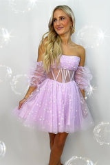 Sweetheart Puff Sleeves Tulle Short Homecoming Dresses, Cute Pink Party Gown