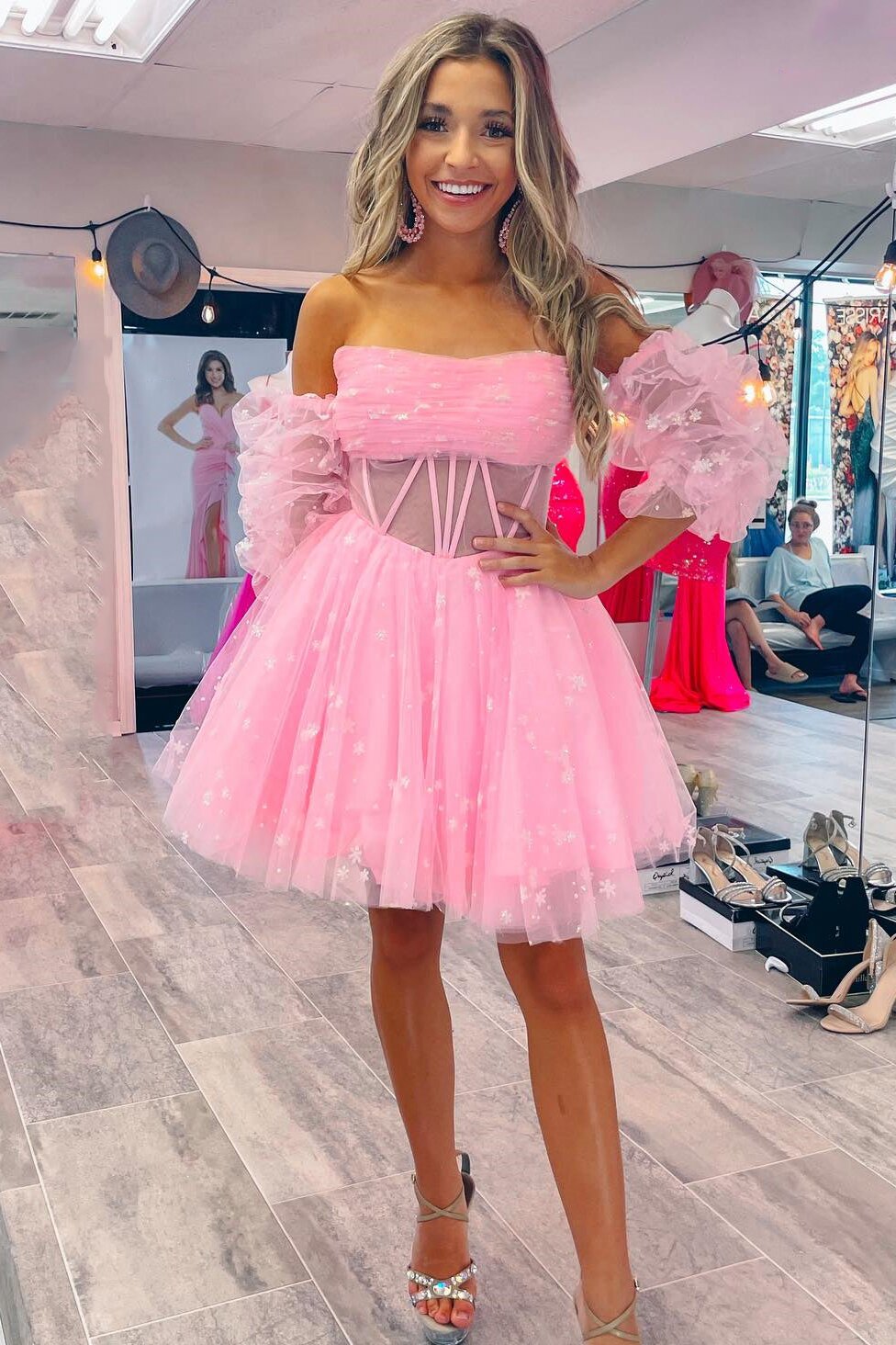 Sweetheart Puff Sleeves Tulle Short Homecoming Dresses, Cute Pink Party Gown