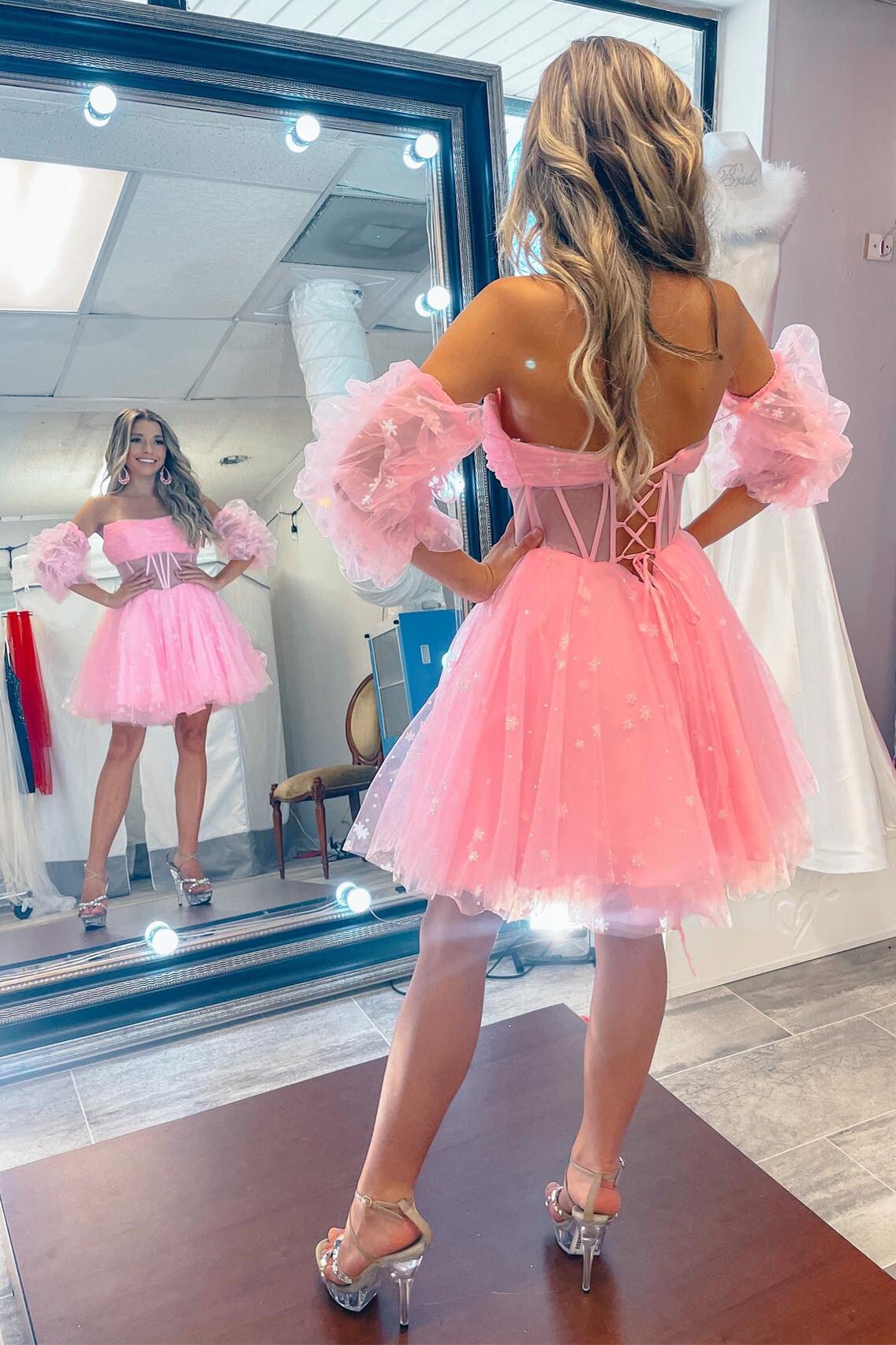 Sweetheart Puff Sleeves Tulle Short Homecoming Dresses, Cute Pink Party Gown