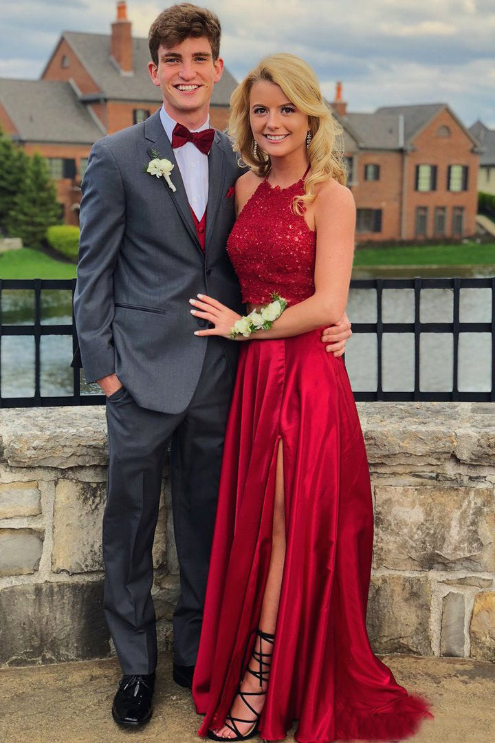 Halter A-Line Two Piece Prom Dresses with Tie Back, Red Evening Gown with Slit