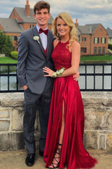 Halter A-Line Two Piece Prom Dresses with Tie Back, Red Evening Gown with Slit