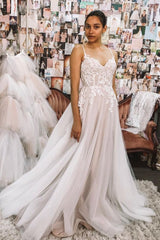 Backless White Lace Long Boho Wedding Dress