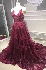 A-Line V-Neck Tulle Burgundy Long Prom Dress, Burgundy Formal Evening Dress