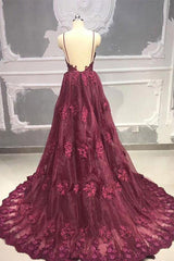 A-Line V-Neck Tulle Burgundy Long Prom Dress, Burgundy Formal Evening Dress