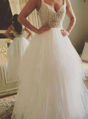 A-Line/Princess Tulle Wedding Dress Backless Bridal Gown with Lace