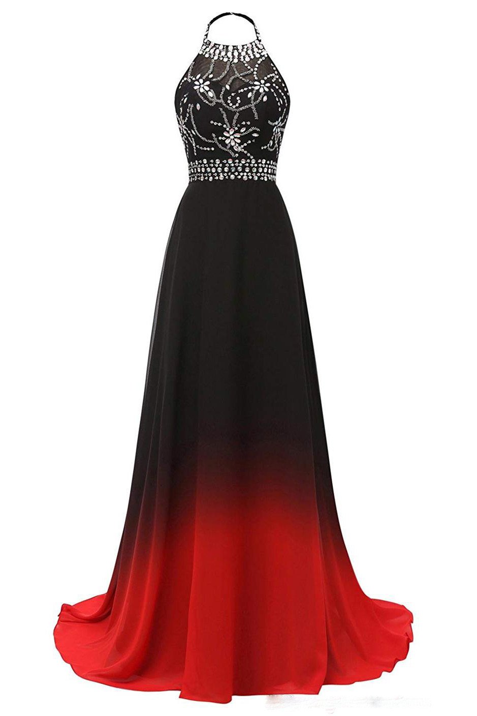 Halter Chiffon Backless Ombre Prom Dresses, Long Gradient Evening Dress with Beading