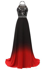 Halter Chiffon Backless Ombre Prom Dresses, Long Gradient Evening Dress with Beading