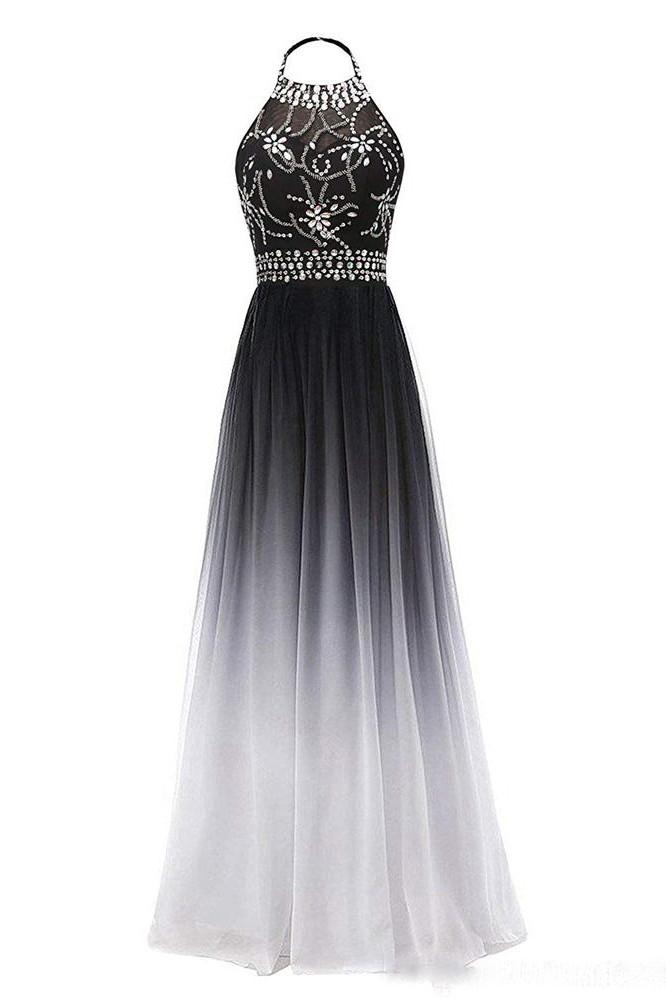 Halter Chiffon Backless Ombre Prom Dresses, Long Gradient Evening Dress with Beading