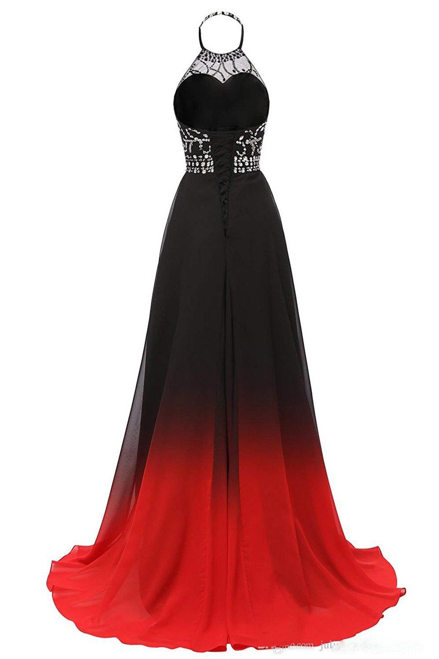 Halter Chiffon Backless Ombre Prom Dresses, Long Gradient Evening Dress with Beading