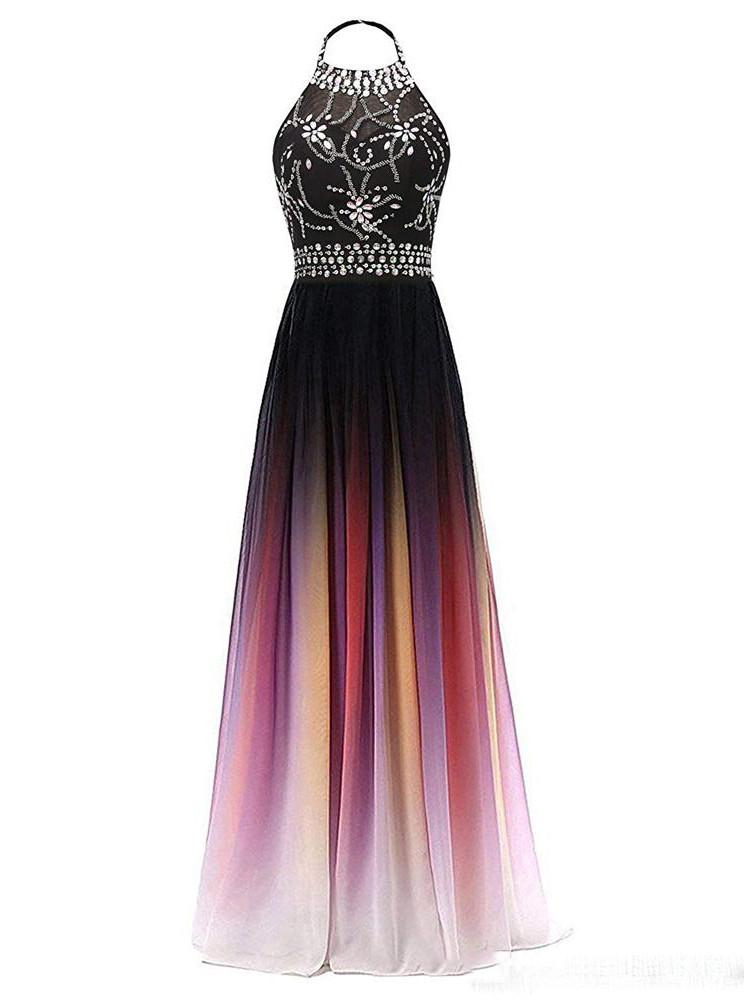 Halter Chiffon Backless Ombre Prom Dresses, Long Gradient Evening Dress with Beading