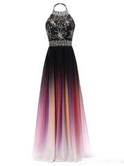 Halter Chiffon Backless Ombre Prom Dresses, Long Gradient Evening Dress with Beading