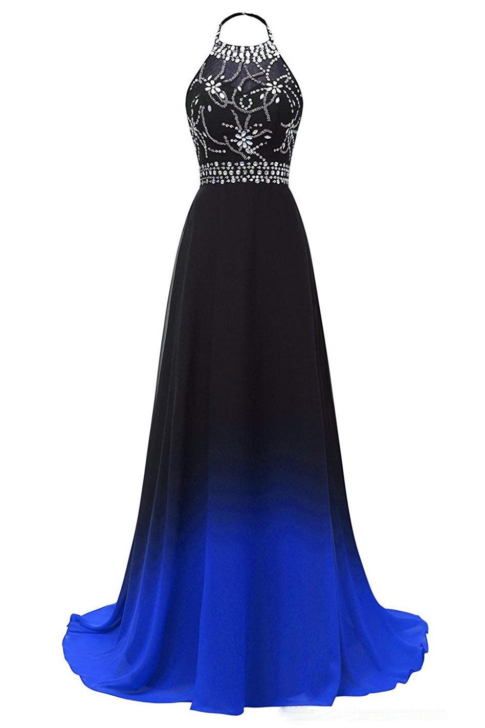 Halter Chiffon Backless Ombre Prom Dresses, Long Gradient Evening Dress with Beading