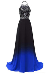 Halter Chiffon Backless Ombre Prom Dresses, Long Gradient Evening Dress with Beading