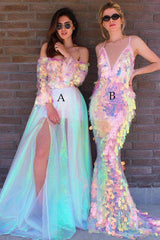 Unique Iridescent Sequins Long Prom Dresses, Slit Evening Dresses