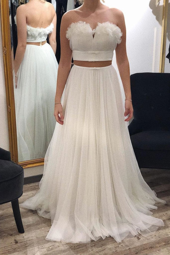 Unique Sweetheart Two Piece Tulle Prom Wedding Dresses with Ruffles