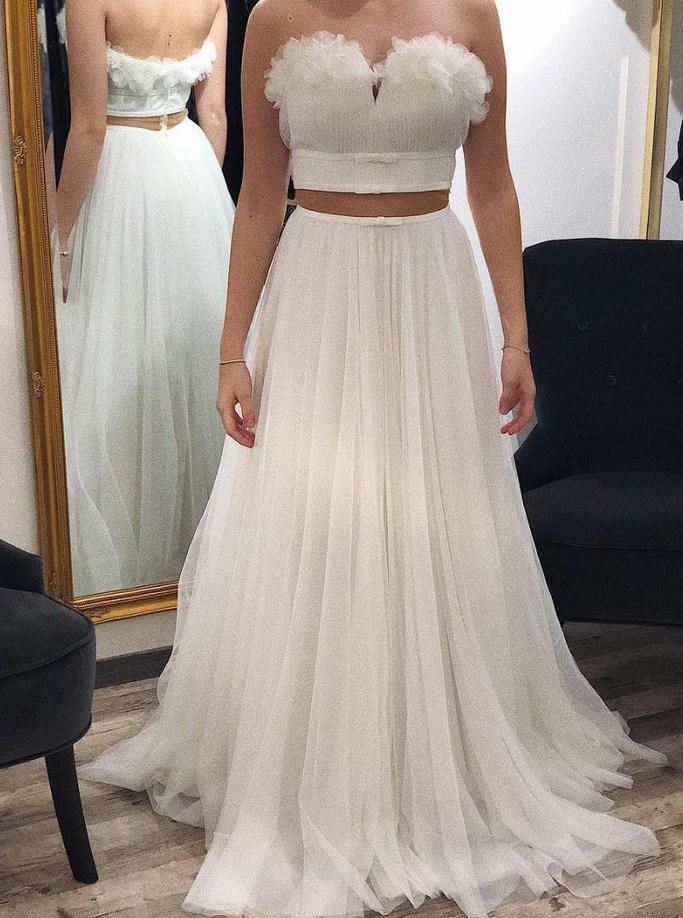 Unique Sweetheart Two Piece Tulle Prom Wedding Dresses with Ruffles
