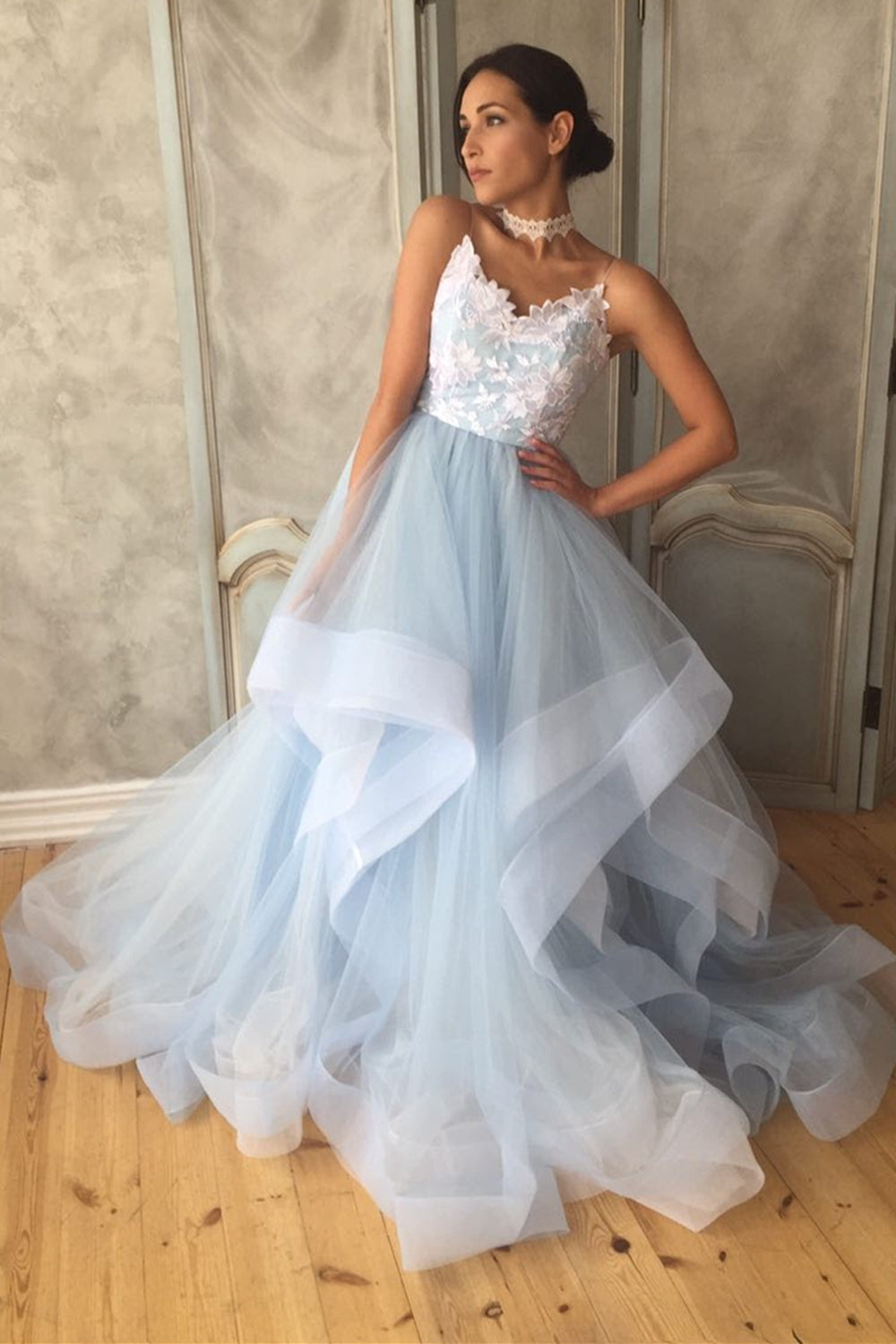 V-Neck Blue Long Prom Dresses with Lace Appliques, Backless Formal Dresses