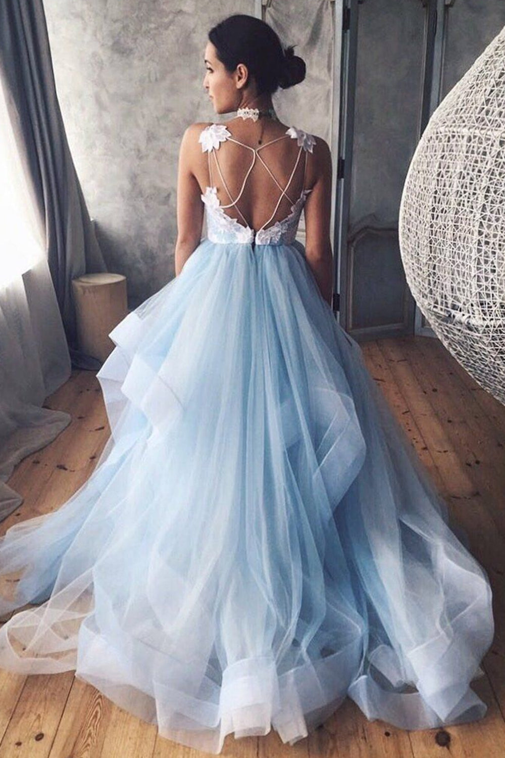 V-Neck Blue Long Prom Dresses with Lace Appliques, Backless Formal Dresses