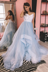V-Neck Blue Long Prom Dresses with Lace Appliques, Backless Formal Dresses