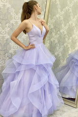 A-Line V-Neck Backless Lilac Long Prom Dress