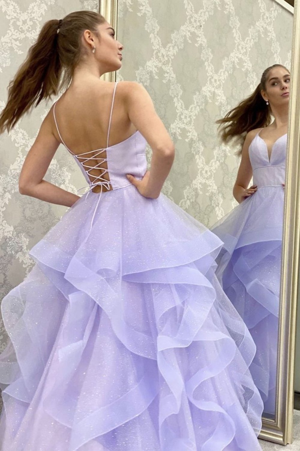 A-Line V-Neck Backless Lilac Long Prom Dress