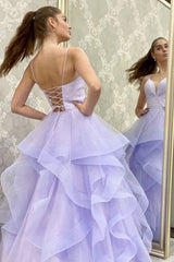 A-Line V-Neck Backless Lilac Long Prom Dress