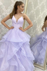 A-Line V-Neck Backless Lilac Long Prom Dress