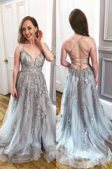 A-Line V-Neck Backless Dusty Blue Lace Tulle Long Prom Dress