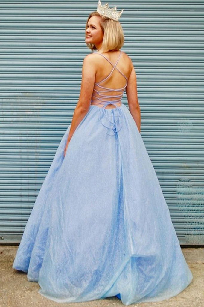 Elegant A-Line V-Neck Light Blue Backless Prom Dress