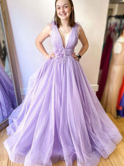Lilac Tulle Long Prom Dresses, Long V-Neck Formal Evening Dress