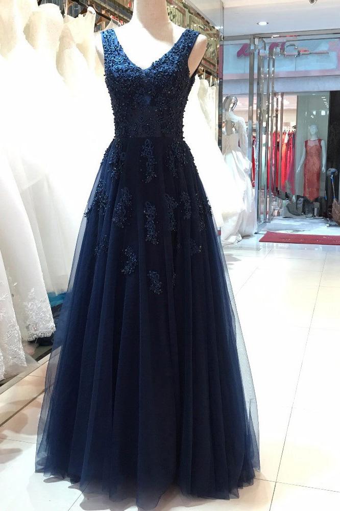 Dark Navy V-Neck Tulle Long Prom Dress with Beading Appliqued