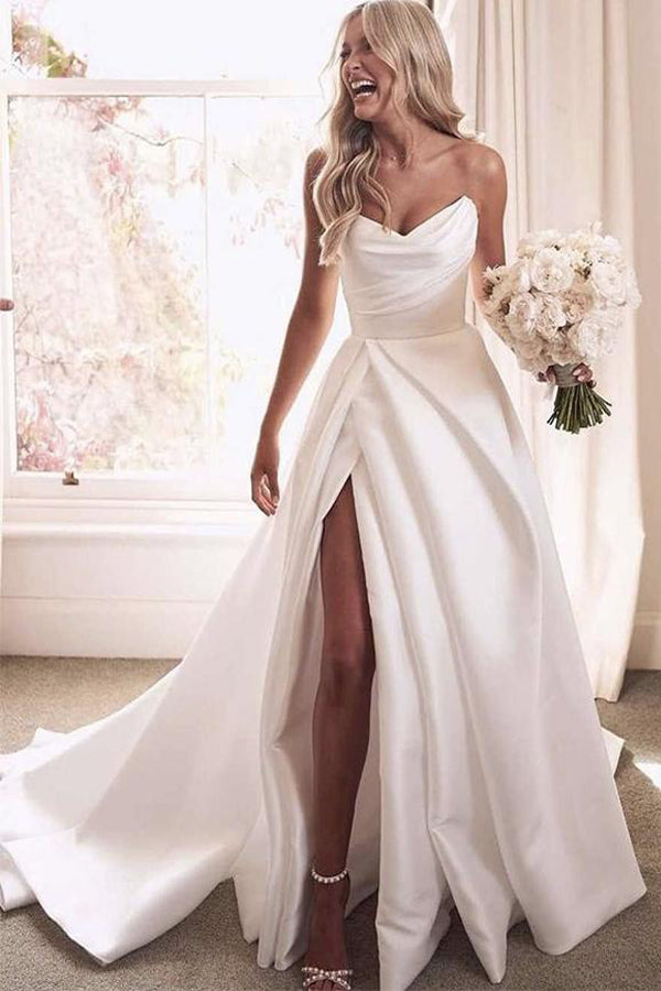 A-Line Satin Elegant Wedding Dress with Slit, Simple Sweetheart Bridal Gown