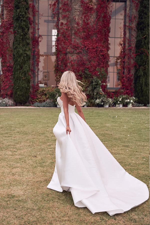 A-Line Satin Elegant Wedding Dress with Slit, Simple Sweetheart Bridal Gown