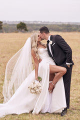 A-Line Satin Elegant Wedding Dress with Slit, Simple Sweetheart Bridal Gown