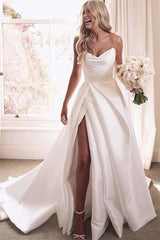 A-Line Satin Elegant Wedding Dress with Slit, Simple Sweetheart Bridal Gown