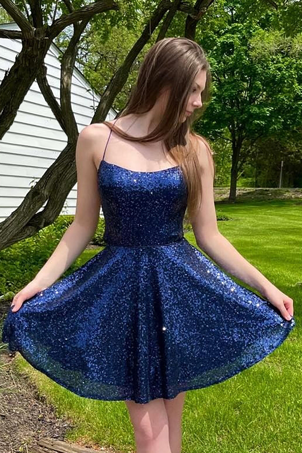 A-Line Navy Sequins Short Homecoming Dress with Criss Cross Back