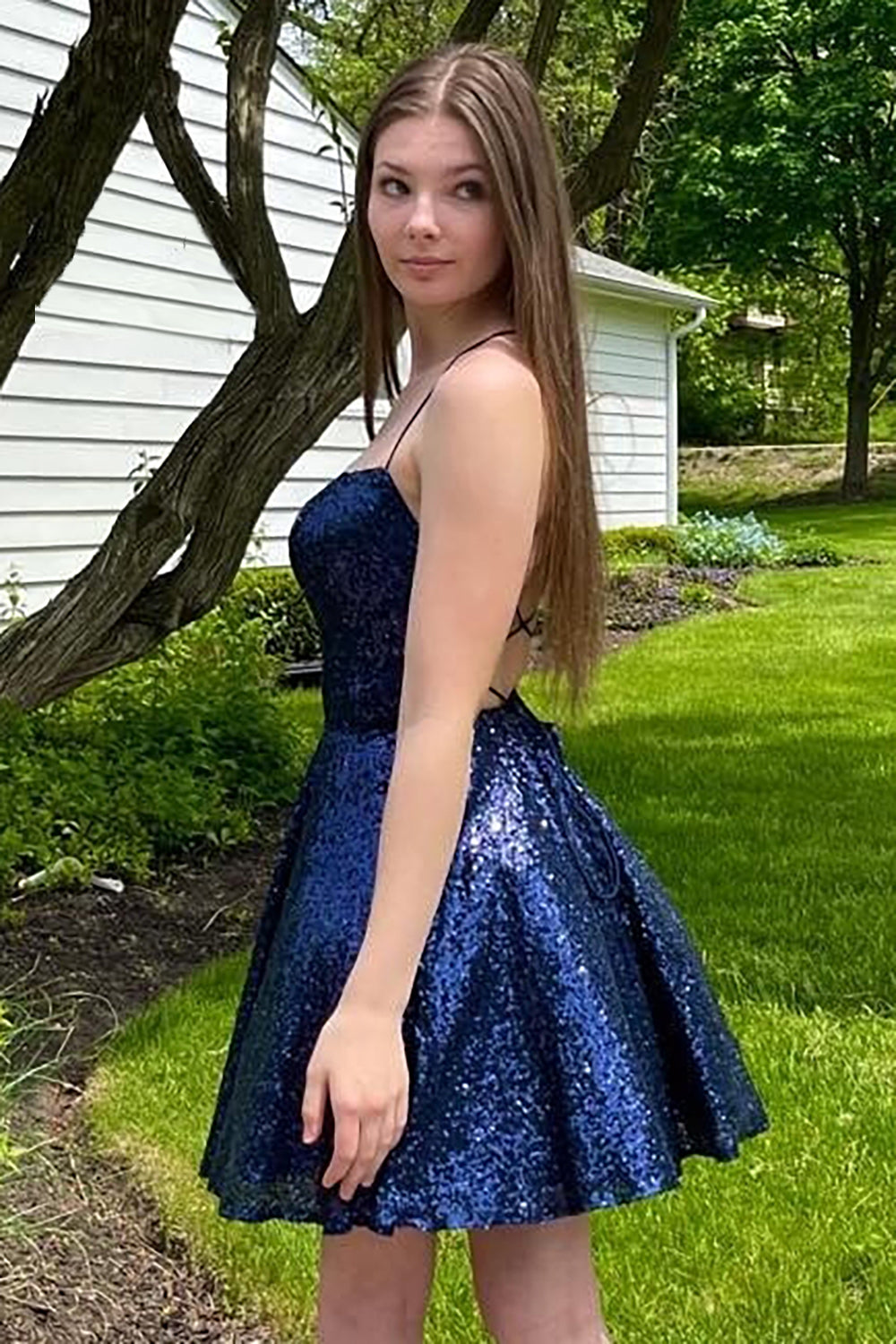 A-Line Navy Sequins Short Homecoming Dress with Criss Cross Back