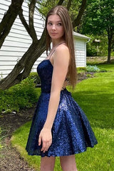 A-Line Navy Sequins Short Homecoming Dress with Criss Cross Back