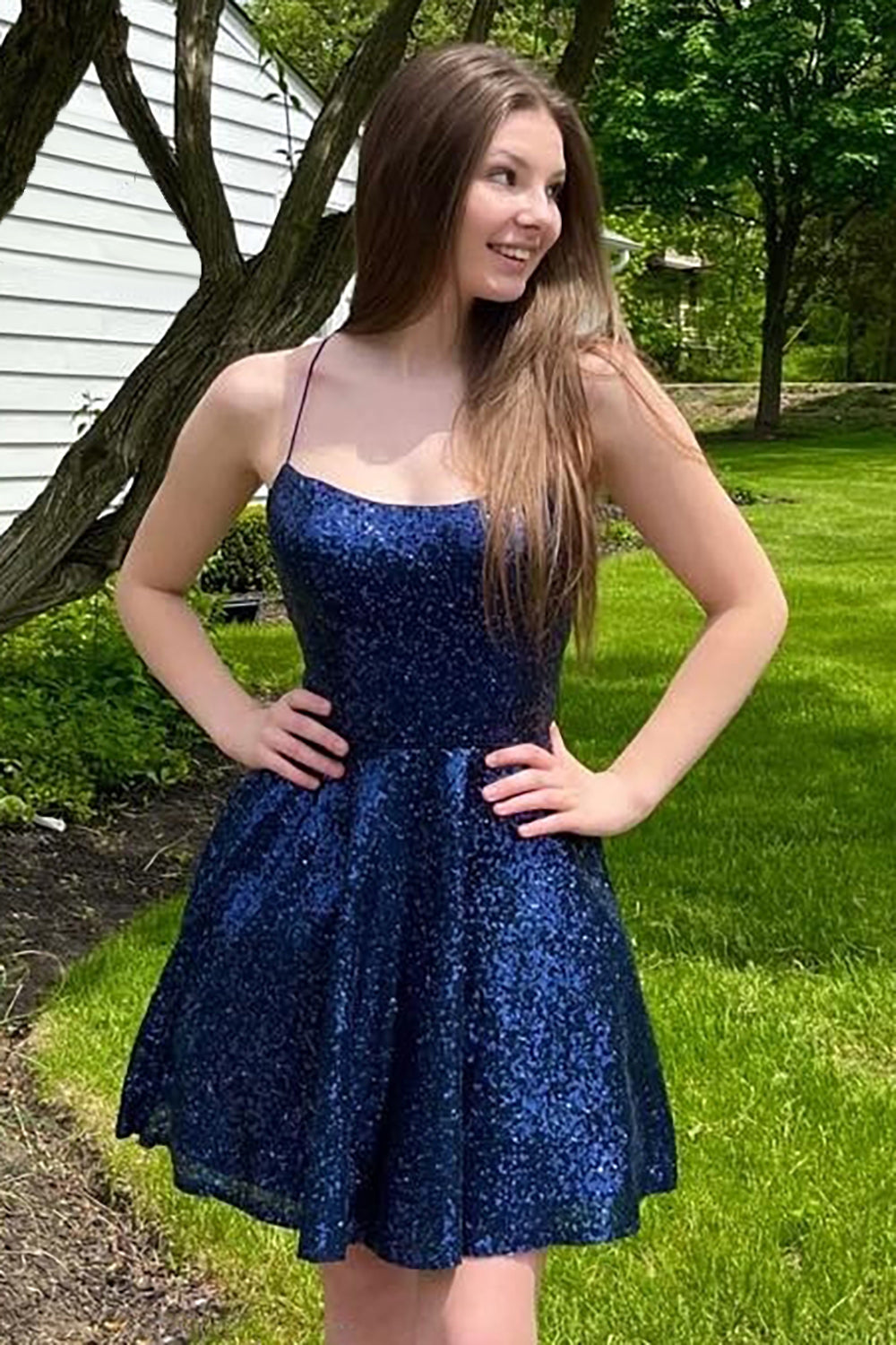 A-Line Navy Sequins Short Homecoming Dress with Criss Cross Back